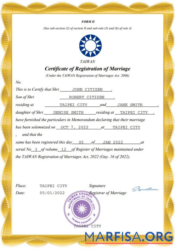 Downloadable Taiwan marriage certificate Word and PDF template